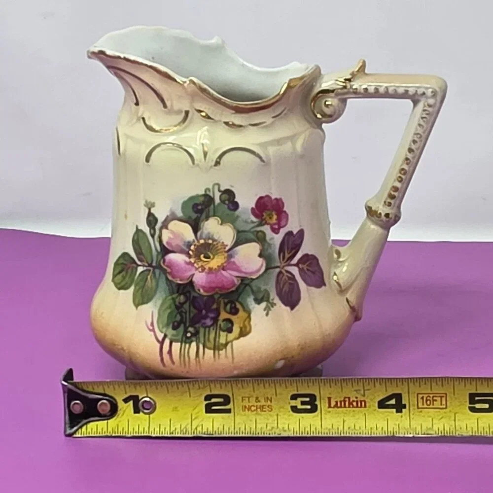 Antique Austrian‎ Floral Ceramic Creamer With Gold Trim & Scalloped Rim